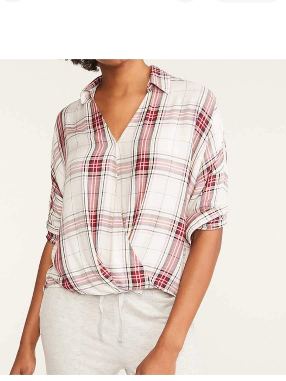 Lou & Grey for Loft red plaid wrap long sleeve top